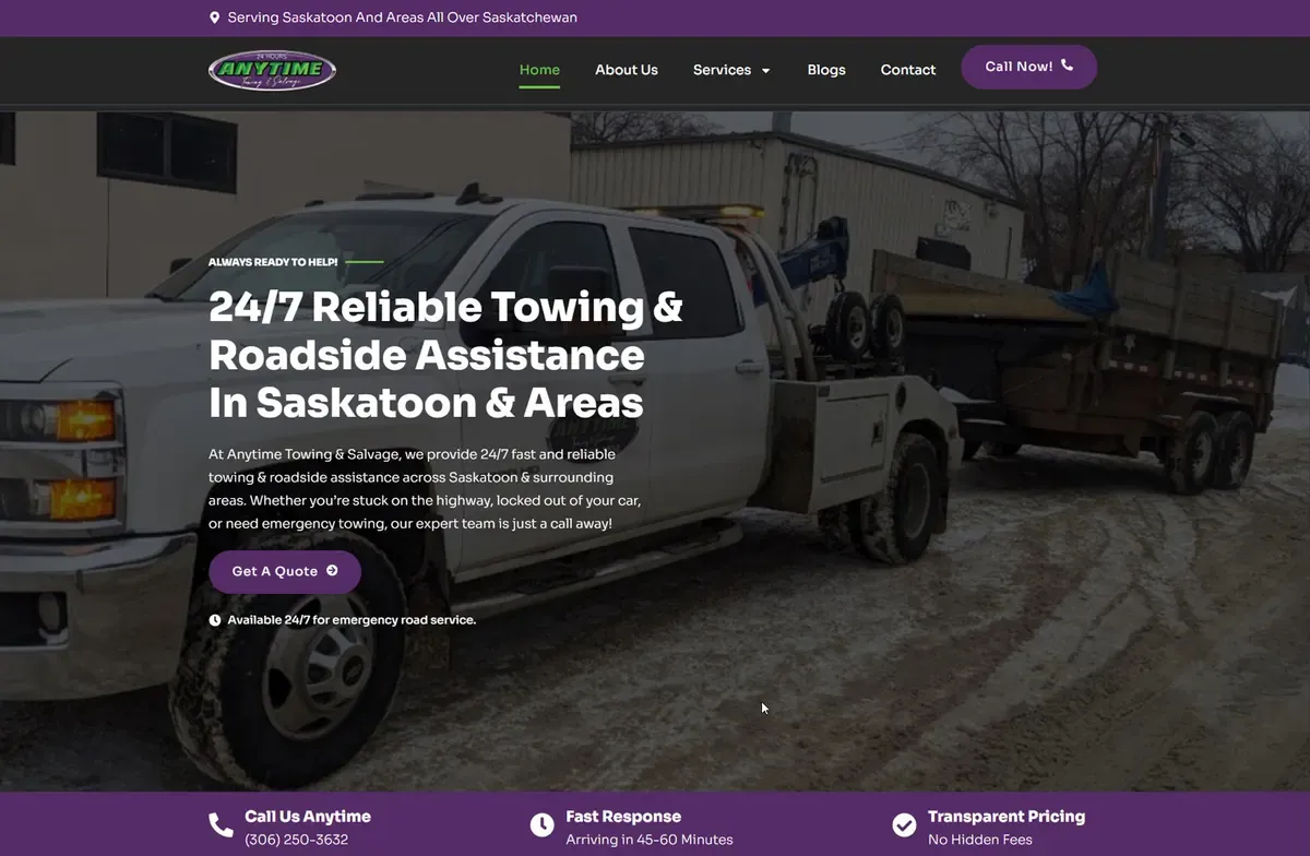 Anytime Towing website